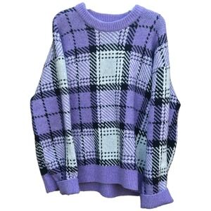 HM Oversized Plaid Knit Sweater Purple White Black Check Crewneck Pullover XL
